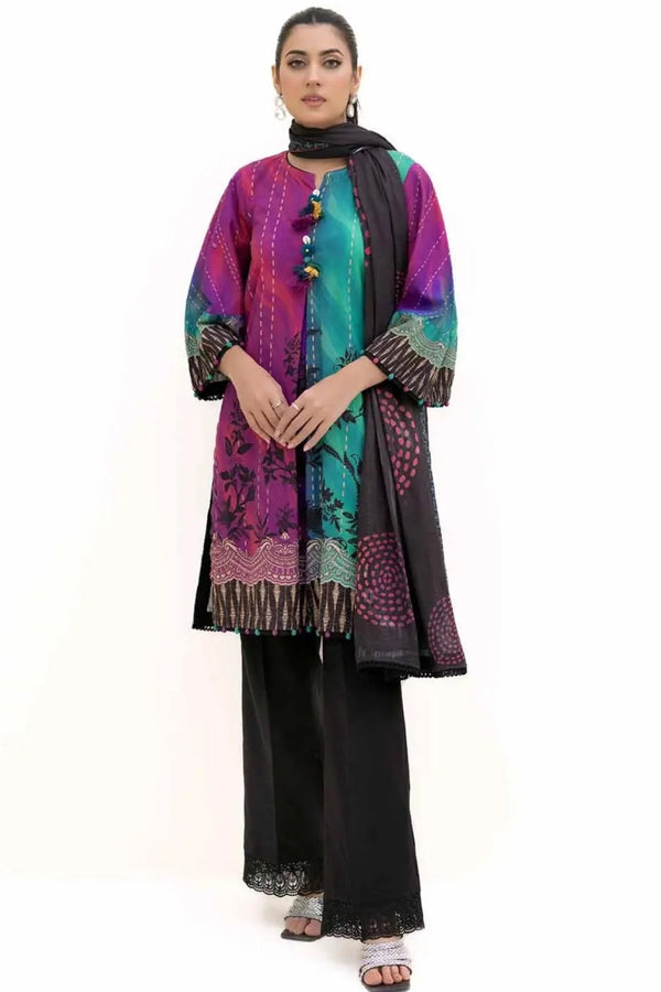 Classic Teal-Purple 3 Piece Unstitched Suit